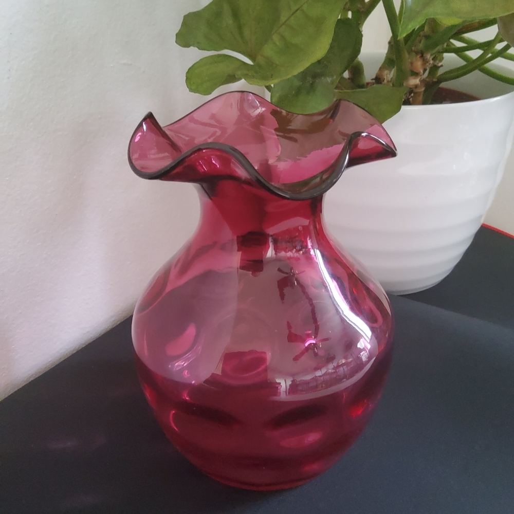 Vintage MCM Fenton Cranberry Glass Dot Thumbprint Ruffled Edge Vase